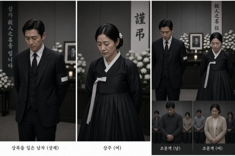 무빈소 장례 상복 예시 — 남성 상제, 여성 상주, 남성 조문객, 여성 조문객의 단정한 검은색 복장