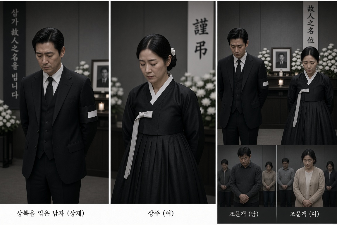 무빈소 장례 상복 예시 — 남성 상제, 여성 상주, 남성 조문객, 여성 조문객의 단정한 검은색 복장